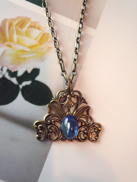 Filigree and Blue Vintage Glass Necklace
