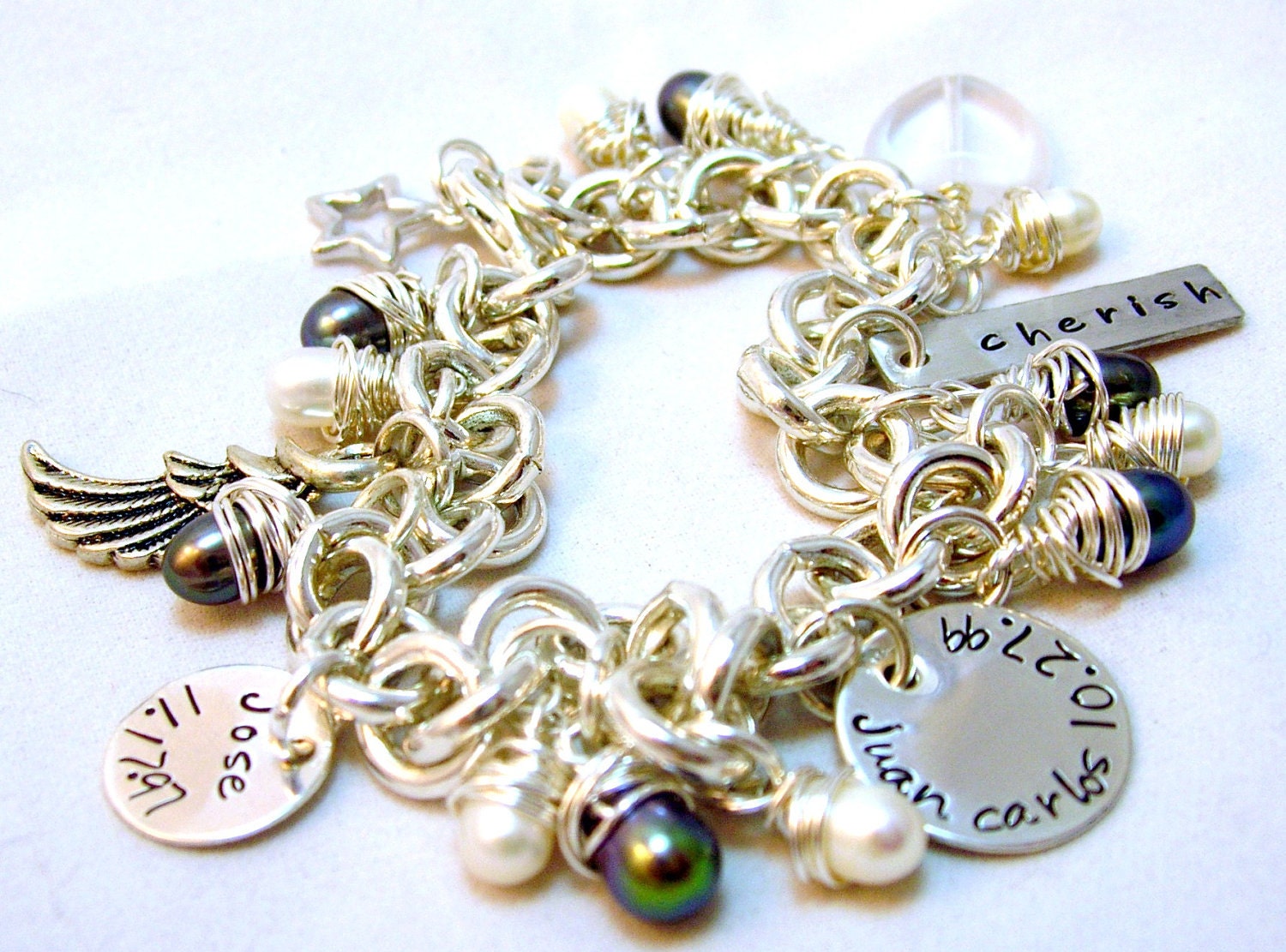 Mother Bracelet - Name Bracelets Two Sterling Silver small round disc - One Aluminum Tag - Metalwork Personalized Bracelet - Monogram