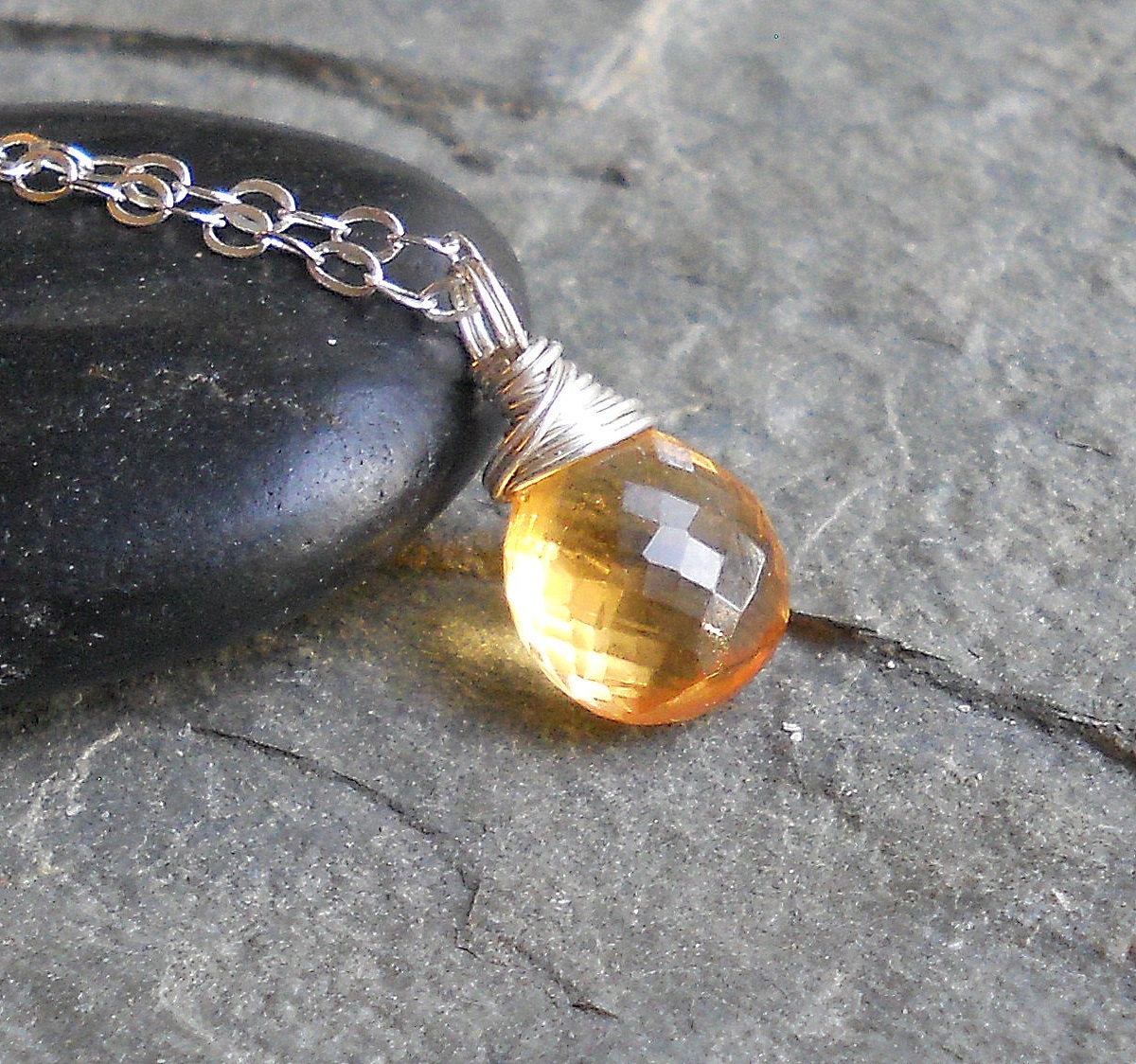 Golden Yellow Citrine Wire Wrapped Pendant Sterling Silver Necklace November Birthstone