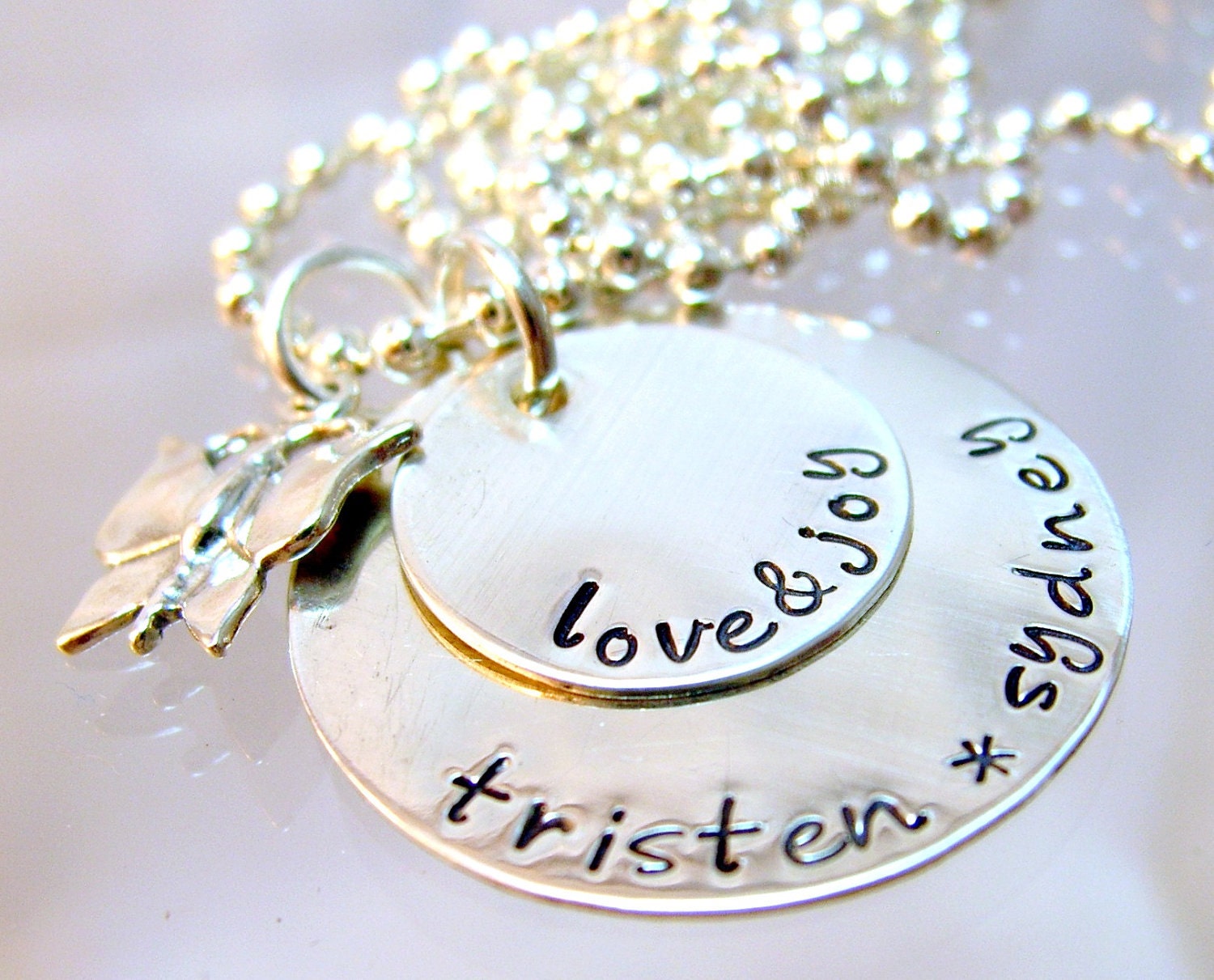 Love and Joy Personalized Necklace Mother s Jewlery Hand Stamped Sterling Silver disc - Sterling silver Butterfly
