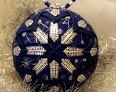 Quilted Christmas Ball Ornament Bright Blue & Silver