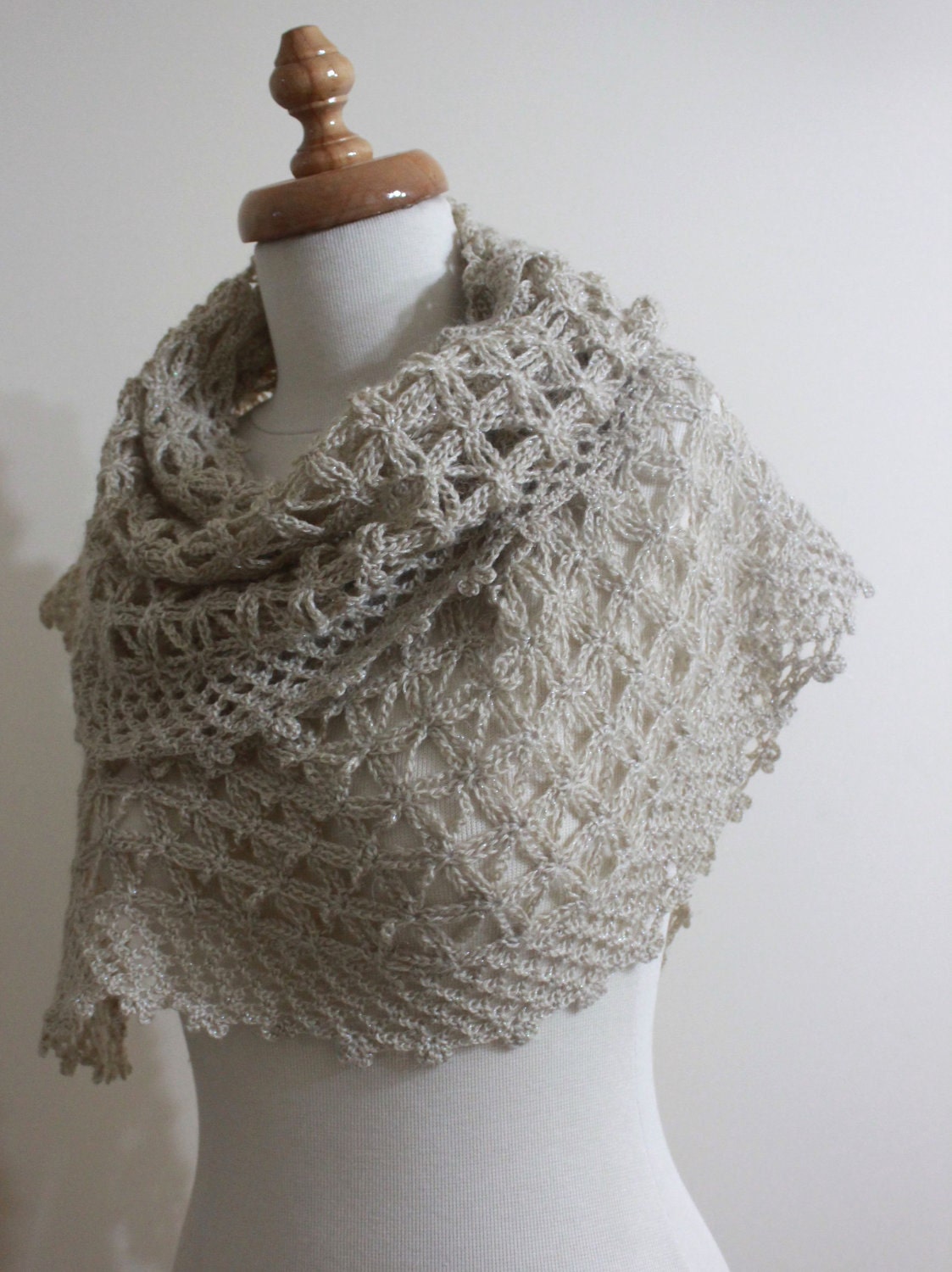 Crochet Shawl Sale  Was 78 Now 68 Beige Sparkly SHAWL TRIANGLE Crochet Scarf Stole Spring Fashion