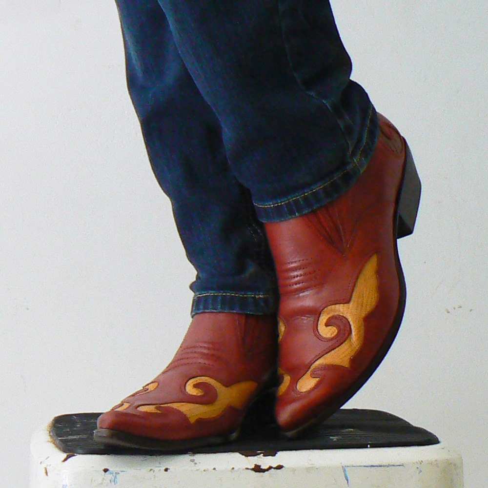 rust red and yellow leather .vintage. (cowboy) ankle boots