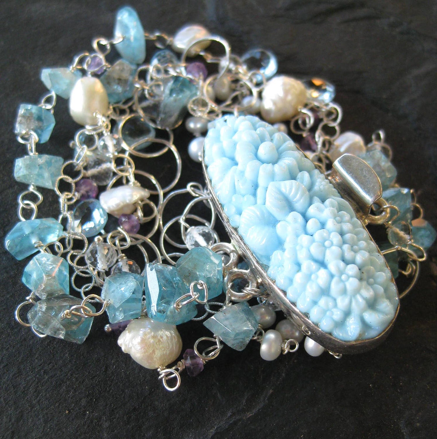 Blue topaz bracelet, pearl bracelet with apatite in sterling --Cielo--