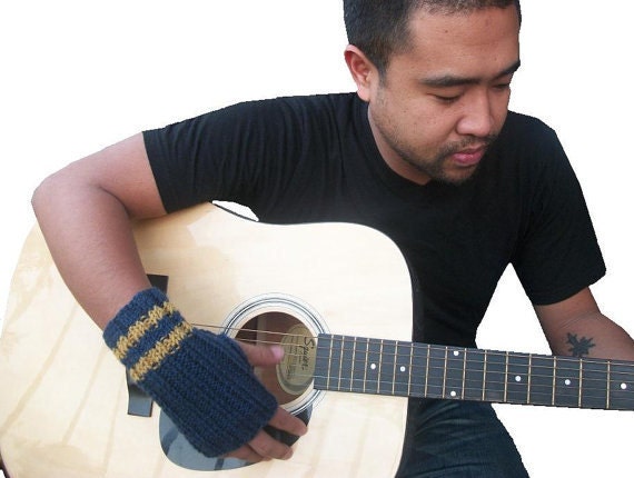 Men's Fingerless Gloves - Hand Knit in Navy Blue with Mustard Yellow Stripes - MADE TO ORDER
