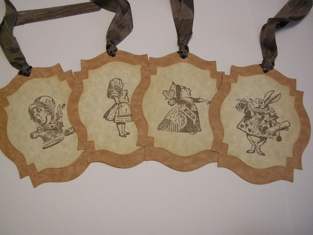 Vintage Style Alice in Wonderland Character Gift Tags - Mad Hatter, Red Queen, Alice, White Rabbit - Set of 4