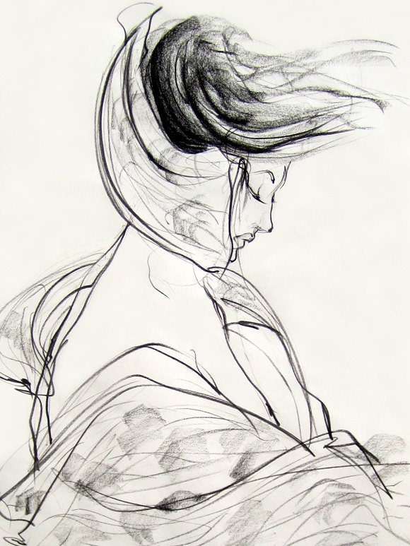 Contemporary style Fashion Drawing Art Giclee Print, Charcoal, Pencil--Kimono, 6" x 8"