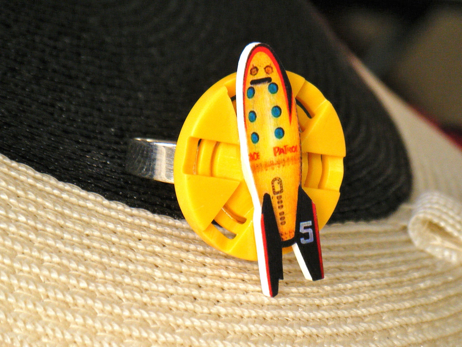 Vintage Tin Toy Ring, YELLOW ROCKET SHIP, bright sunshine button silver adjustable band, whimsical holiday gift, stocking stuffer under 20