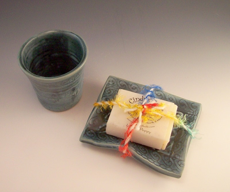 Carved Pottery Soap Dish and Tumbler Gift Set in Slate Blue with Natural Homemade Soap