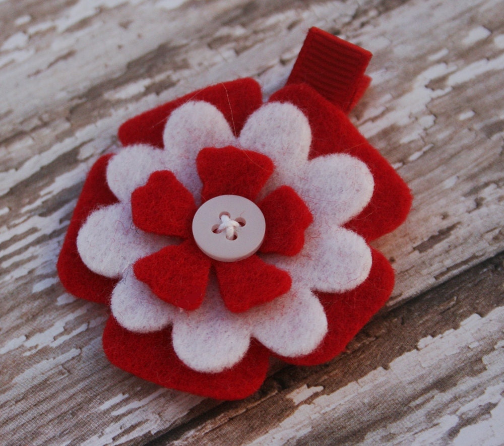 Small Clip Red and White Felt Flower  No Slip