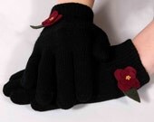 Womens Gloves w/ Hand-Sewn Wool Felt Flowers - Black w/ Cranberry Red Blossoms (Other Colors Available) Perfect Gift