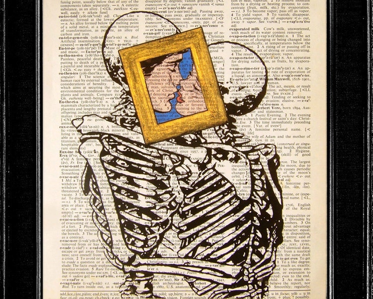Love print - Forever Kiss - ORIGINAL ARTWORK hand painted art print on Vintage Dictionary page, Dictionary art, Dictionary print, wall art