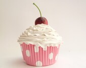 Tea Party fake cupcake for alice in wonderland Theme party  girls room decoration bakery decoration white icing and pink polka dot liner