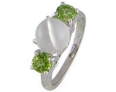 Natural Moon Stone Cat's Eye Sterling Silver Ring with assent stone Green Peridot