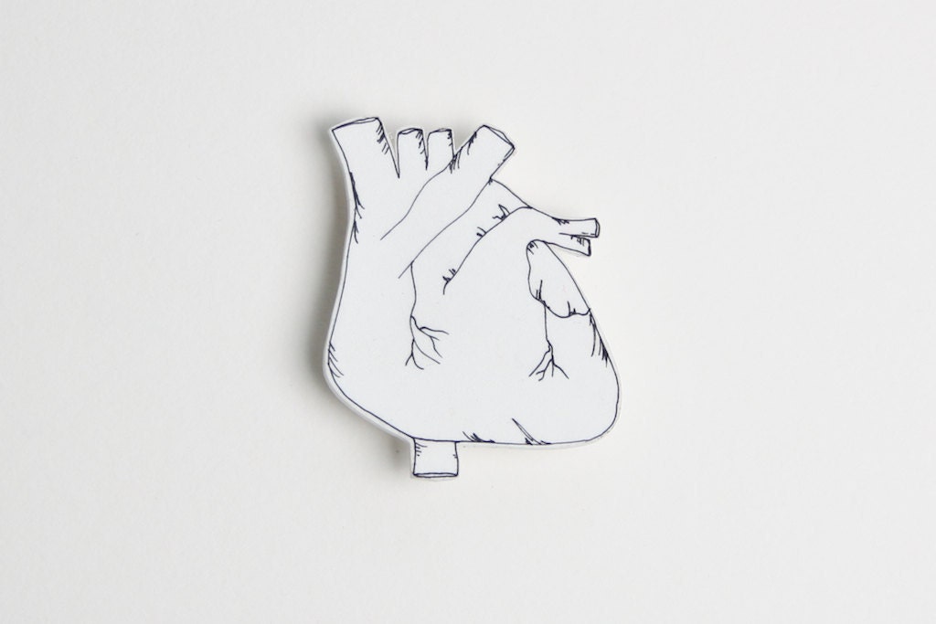 White Anatomical Heart Brooch, Human heart Brooch, Original Drawing Heart Brooch, Heart Jewellery, 2 inches - paulamcgurdy