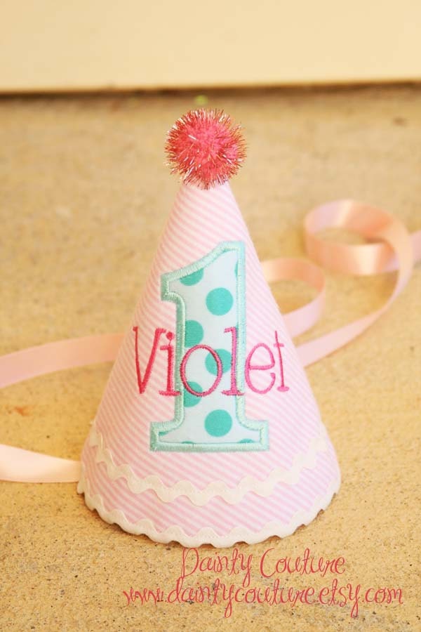 Girls First Birthday Party Hat - Pink and white stripes with aqua and hot pink accents - Michael Miller aqua ta dots fabric