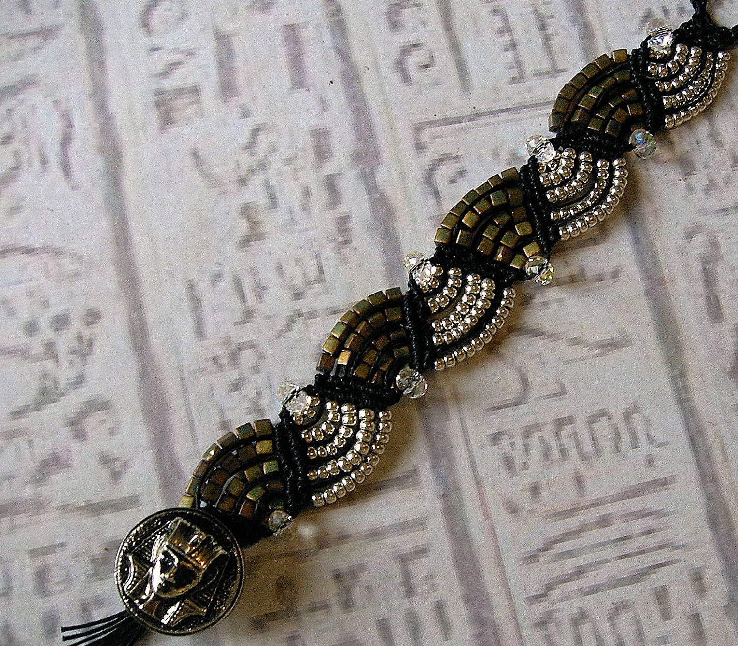 Micro macrame bracelet. Egyptian. Black matte metallic khaki and silver.