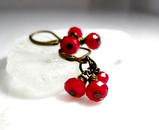 Christmas Red Crystal Petite Cluster Earrings Wrapped in Antique Brass Holiday Jewelry Christmas Jewelry