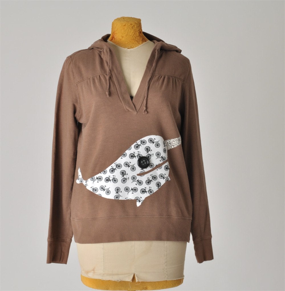 narhwal hoodie - womens pullover bicycle print applique XL