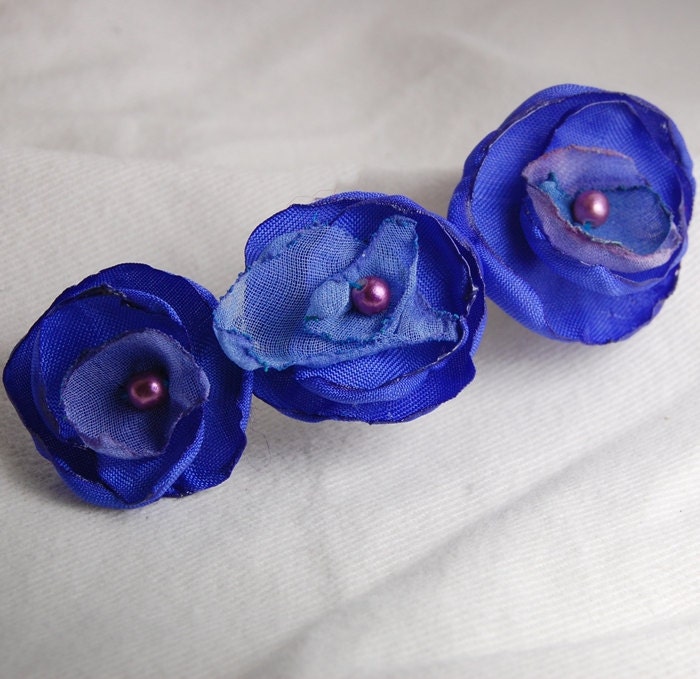 Handmade fabric flowers mini blue flowers recycled fabric vintage beads attached to a metal french barrette ooak