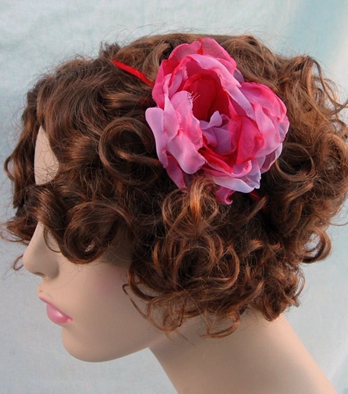 Handmade fabric flower watercolor reds on red elastic headband. perfect gift for holidays photography prop