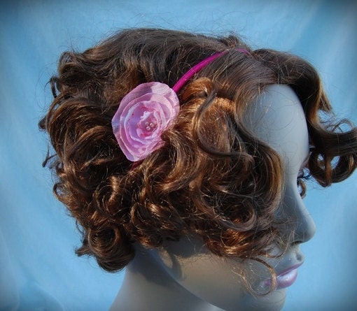 Handmade fabric flower watercolor pinks with beaded center on pink elastic headband. perfect gift for holidays photography prop