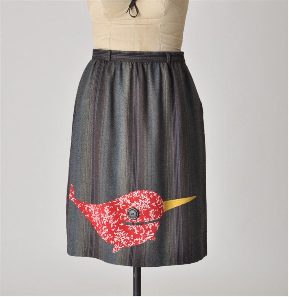 narwhal skirt - applique vintage striped skirt - medium women