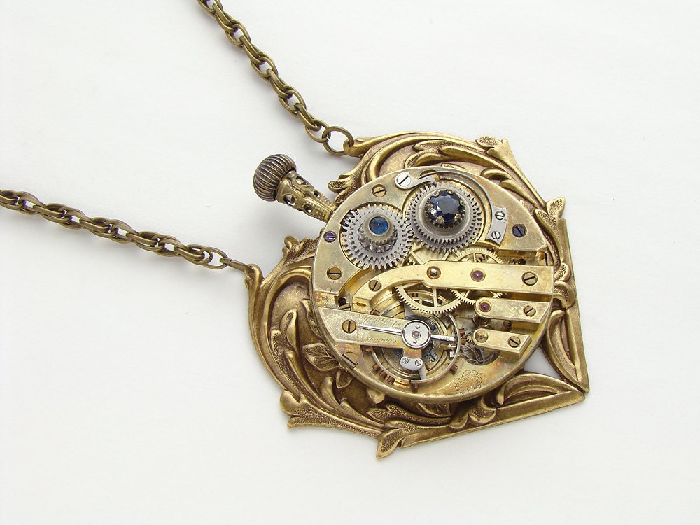 Steampunk necklace antique gold pocket watch movement gears genuine Blue Sapphire Victorian heart flower leaf pendant Steampunk Nation 1565