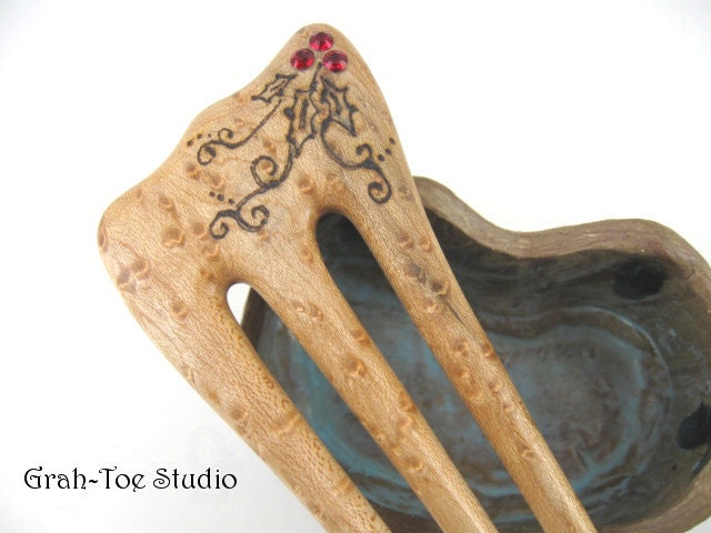 Birdseye Maple Wood 3 prong Hair Fork LONG Grahtoe Handmade