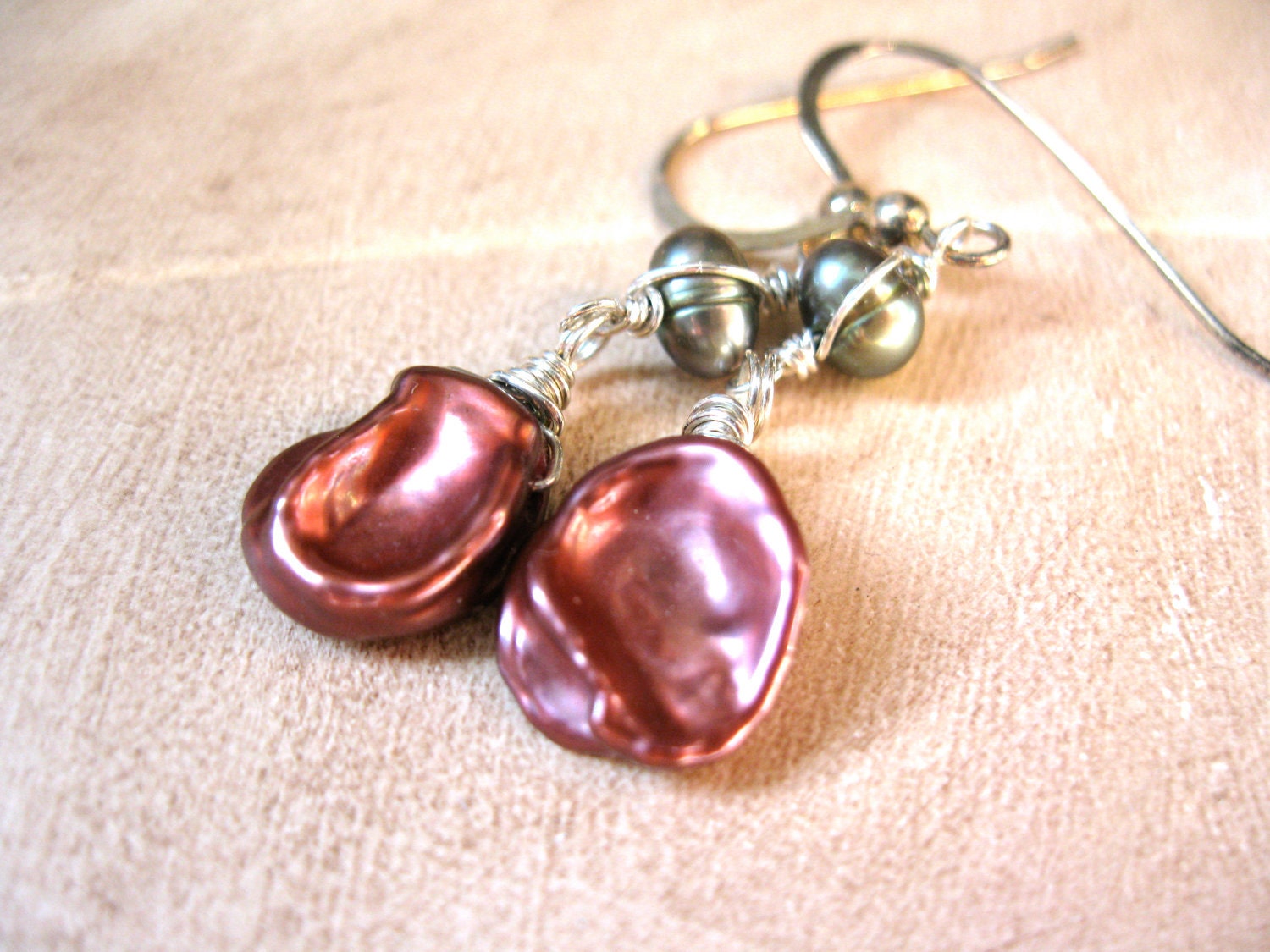 Cranberry & Green Keishi Pearl, Silver Earrings