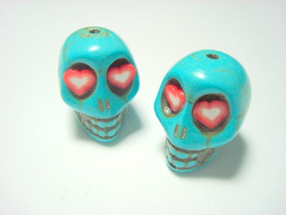 Turquoise Howlite Skull Beads with Red and White Hearts for Eyes