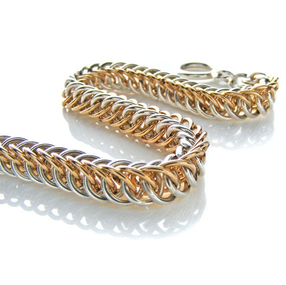 Chain Mail Bracelet. Sterling Silver & Gold Chain Maille. Two tone handmade bracelet