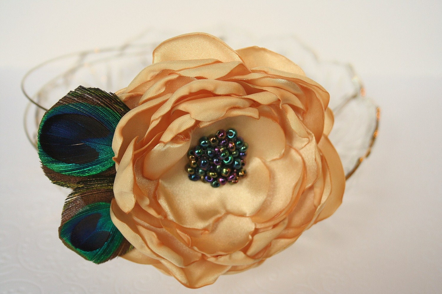 Peacock Feather Headband, Hair Flowers, Headpiece, Beaded, Flower Girl, Bridal, Wedding, Hair Accessory, Yellow, Gold, Casual Wedding