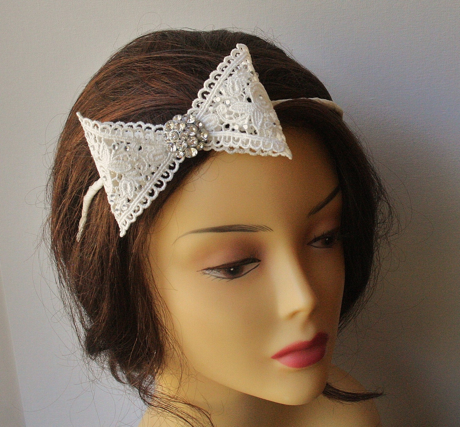 Lace Bow Headband with Swarovski Crystals -  Ivory