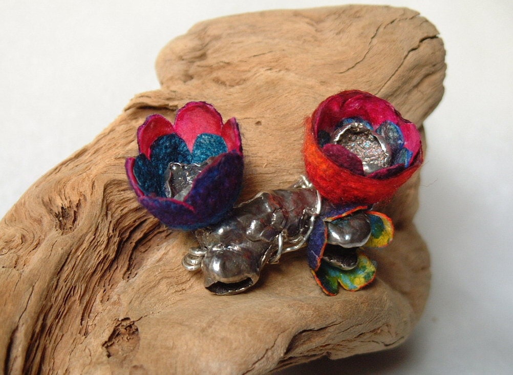 Flower Branch Brooch, Silver Pin with Silk Cocoon Flowers- Free Shipping Etsy- gift under 100