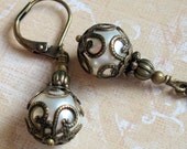 White Pearl Earrings Art Nouveau Style Vintage Inspired, Neo Victorian, Cream Swarovski, Captured Pearls