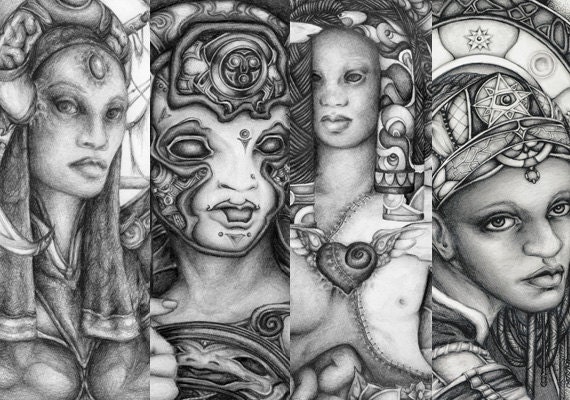 Art Bookmarks Set - Handmade Bookmarks - Women Fantasy Art - Pencil Drawing - Paper Bookmarks - Black and White Art - Mature