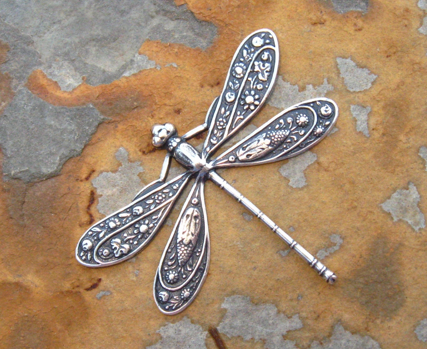 1 Trinity Brass Antique Silver Dragonfly Pendant 50mm x 39mm - LOW SHIPPING
