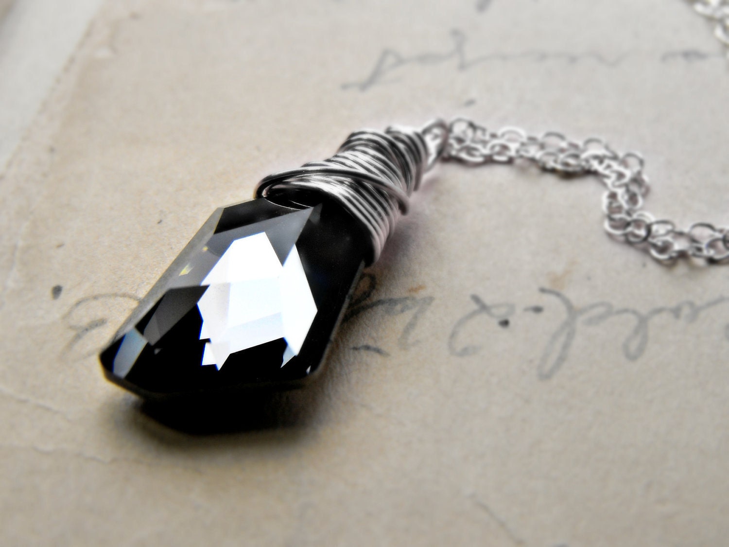 Crystal Necklace, Swarovski Crystal Wire Wrapped Sterling Silver Pendant and Chain Black Diamond