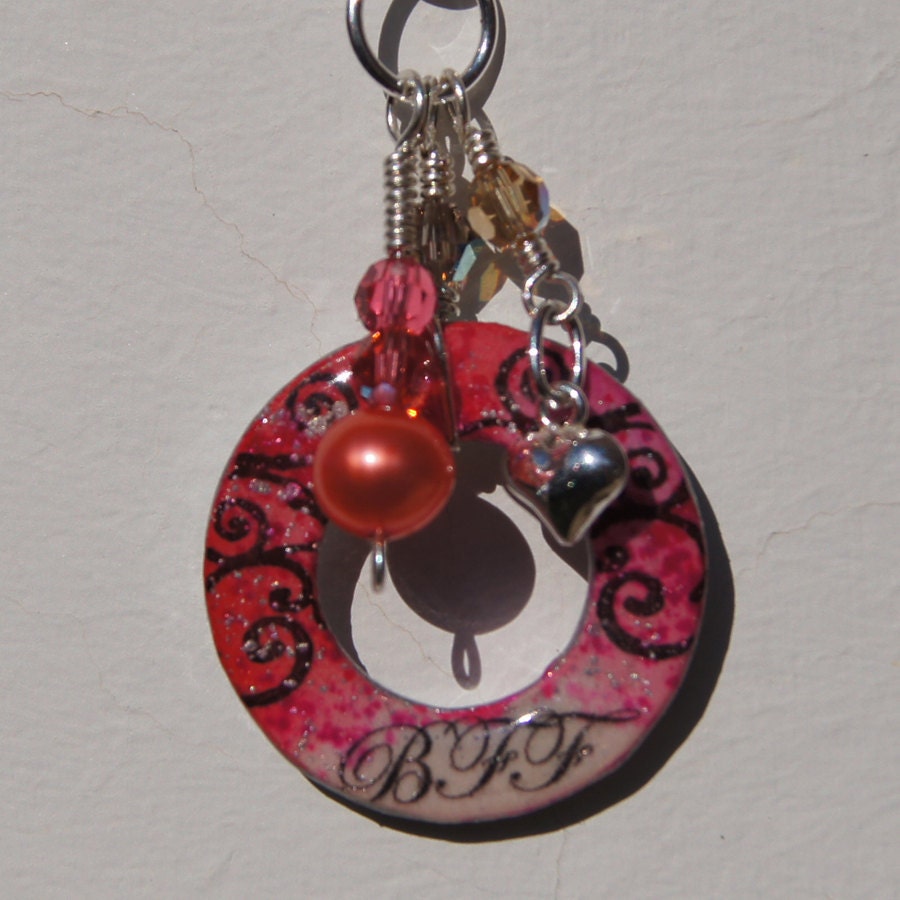 BFF Best Friends Forever Necklace in Pink Coral 'Circles of Inspiration' One of a Kind Stamped Charm Necklace
