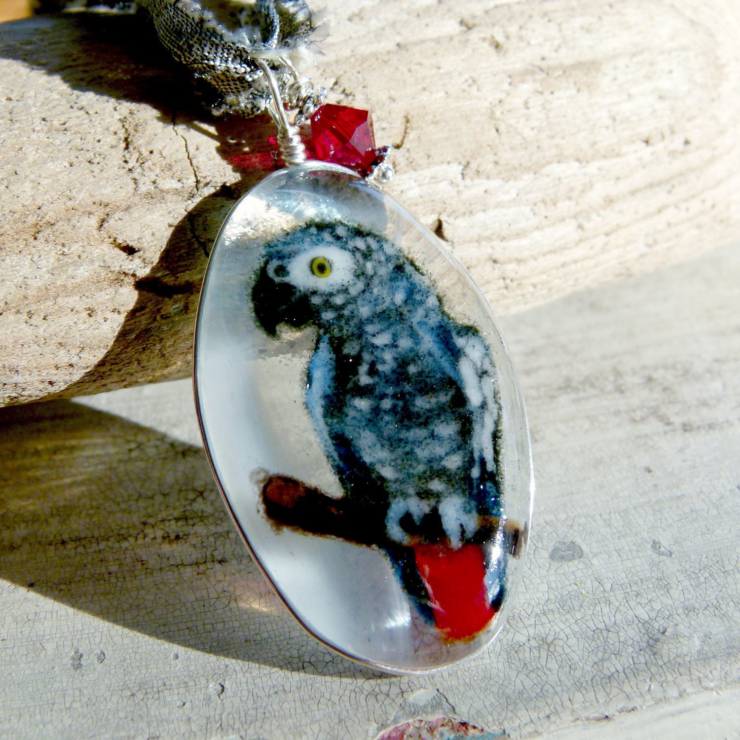 African grey parrot  - fused glass pendant