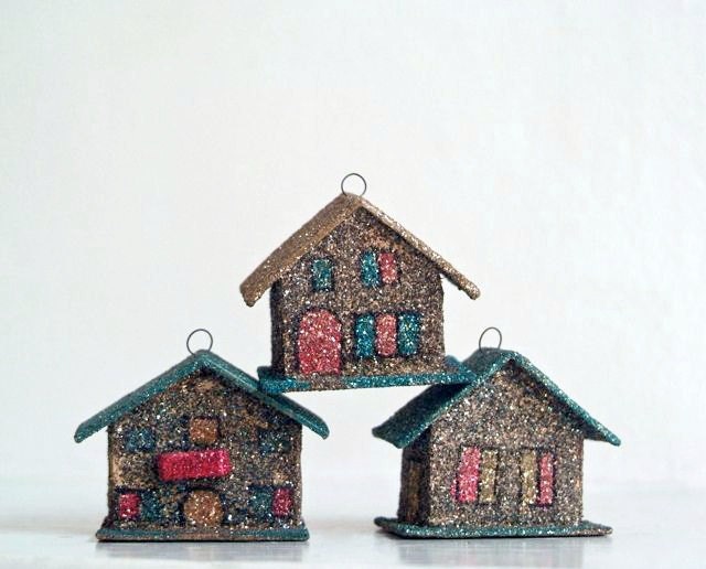 Vintage Cardboard Christmas Glitter House Ornaments from 5gardenias