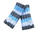 Holiday Fingerless Gloves - Hand Knit in Grey, Blue, and Sparkly White with Snowflakes Buttons