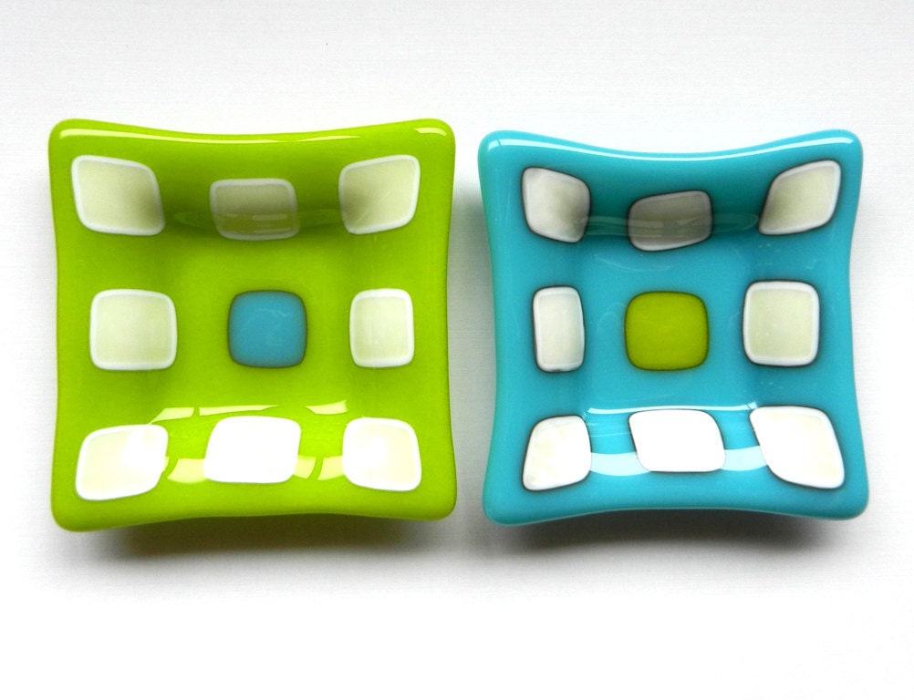 Turquoise and Lime Green fused glass mini plate set of two