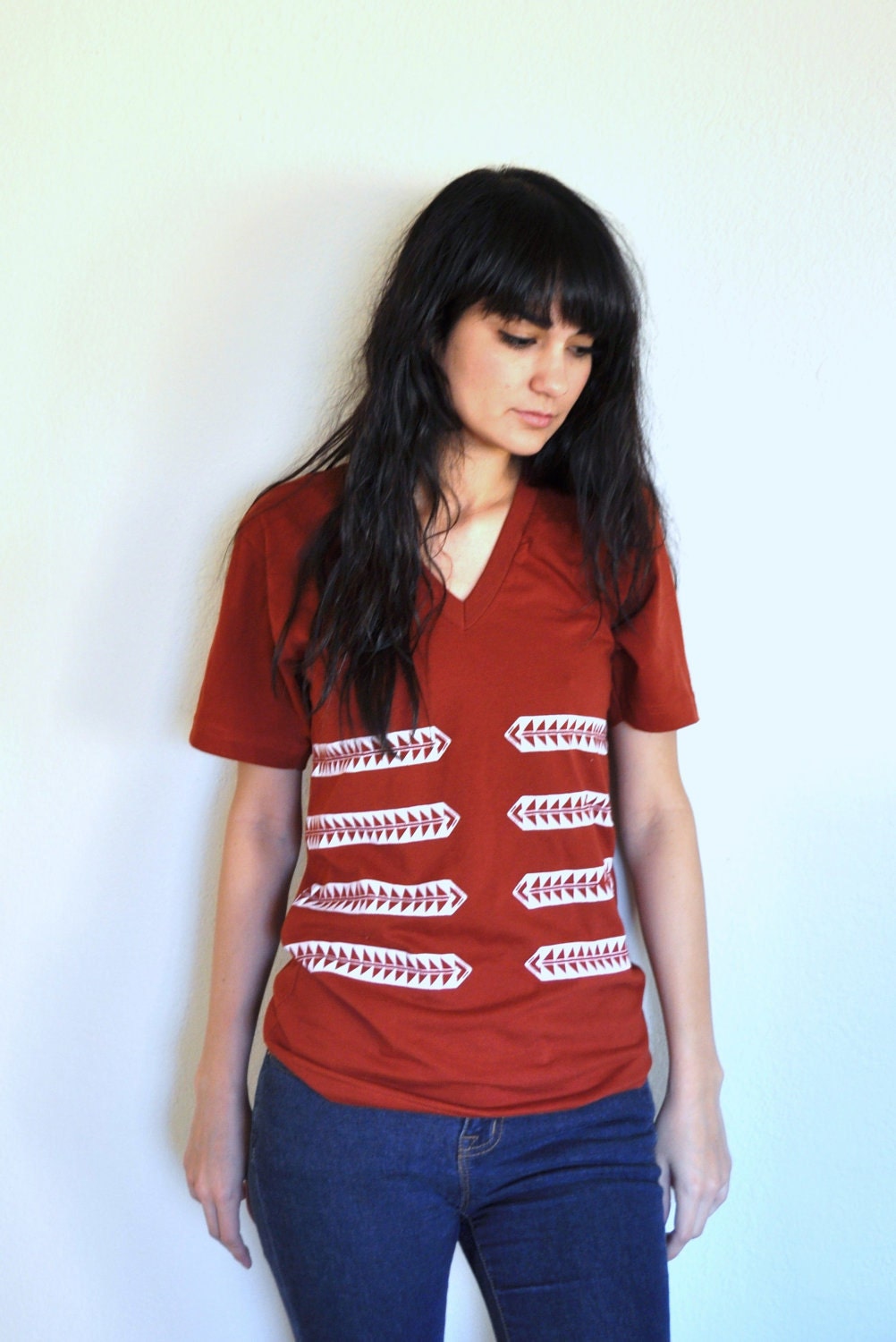 Tribal Arrow Rib Print on Paprika V-Neck Tshirt