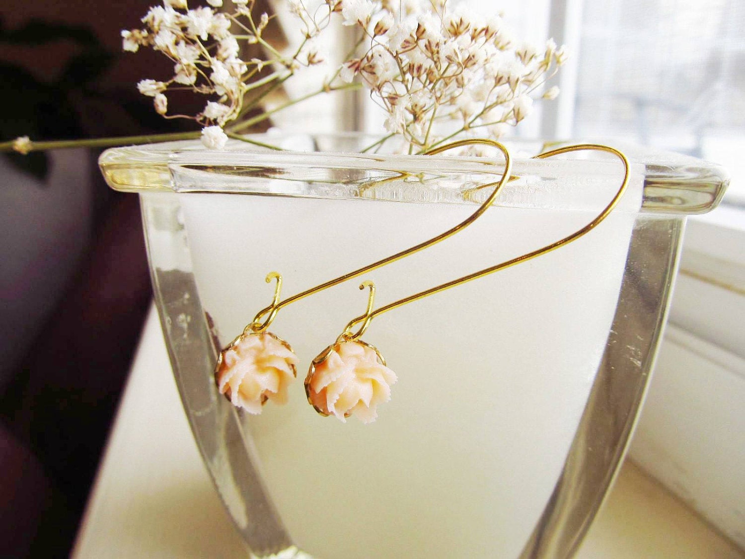 Lovely Peach Resin Flower Cabochon Rose LONG  Earrings, great gift for sweet 16, gift for the holiday