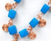 Azure Glass Cube, Copper Spiral Necklace fashion jewelry plus sized