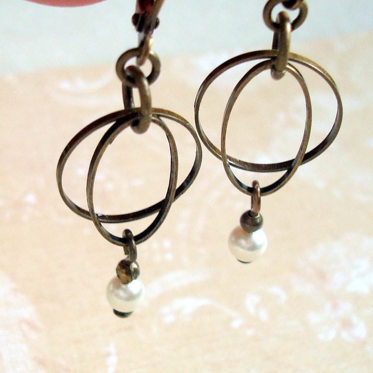 Brass Pearl Hoop Earrings Vintage Inspired, Neo Victorian, Boho, Cream Swarovski