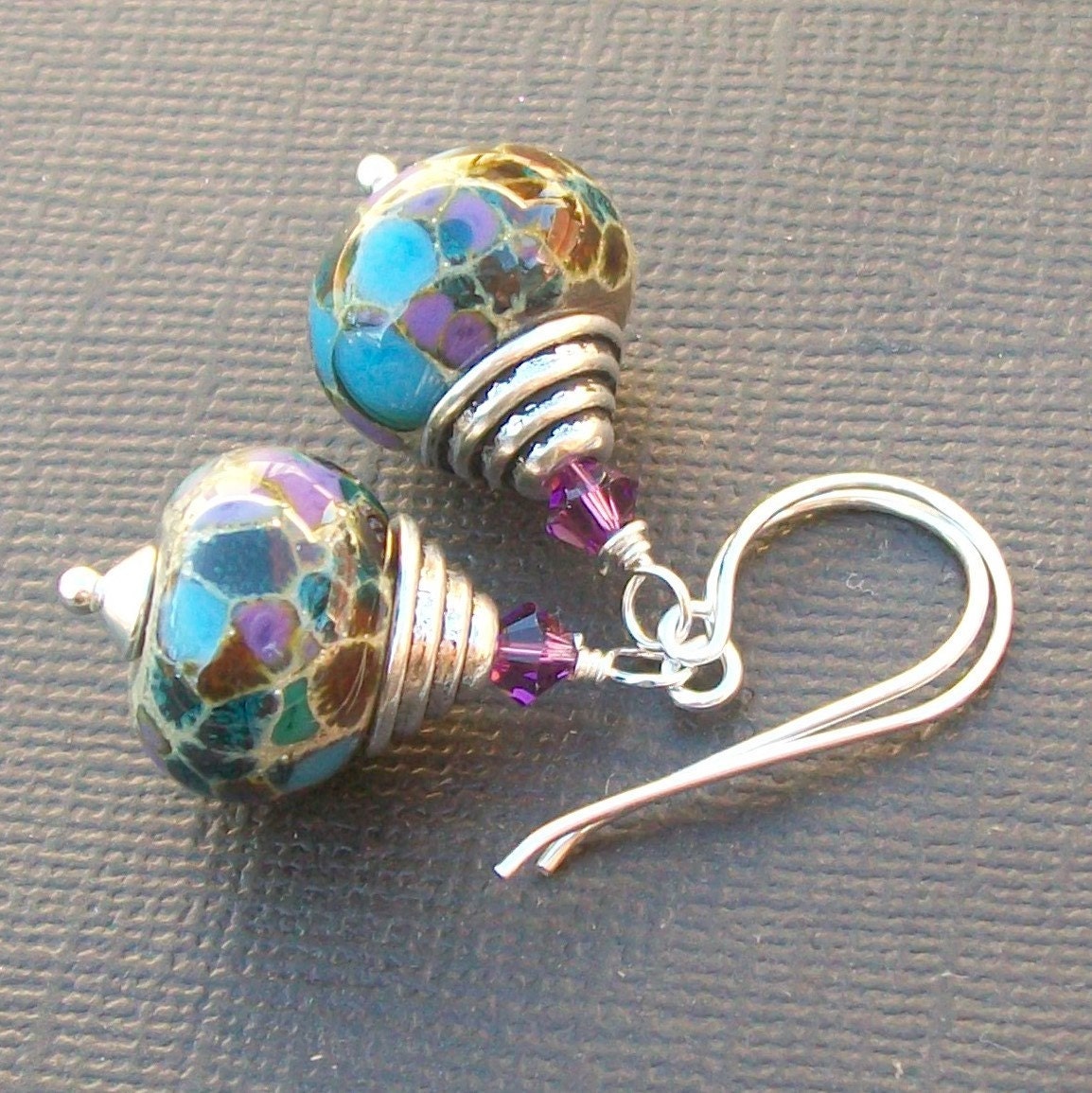 lampwork glass earrings spotted sand teal purple and aqua bead earrings-  party girls