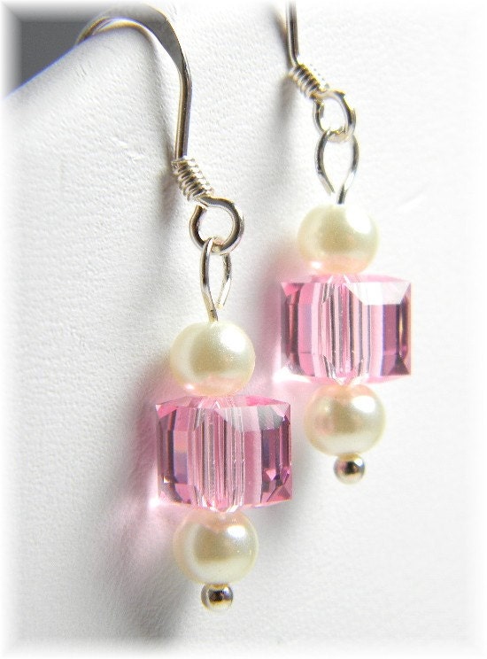 Pink Crystal Earrings Square Swarovski Crystal Cubes with Pearls and Sterling Silver